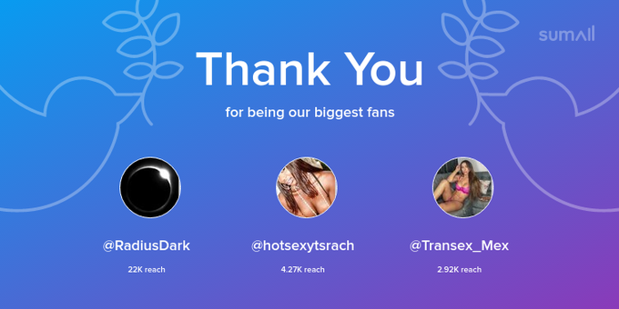 Our biggest fans this week: RadiusDark, hotsexytsrach, Transex_Mex. Thank you! via https://t.co/MQbZ2Va1B6