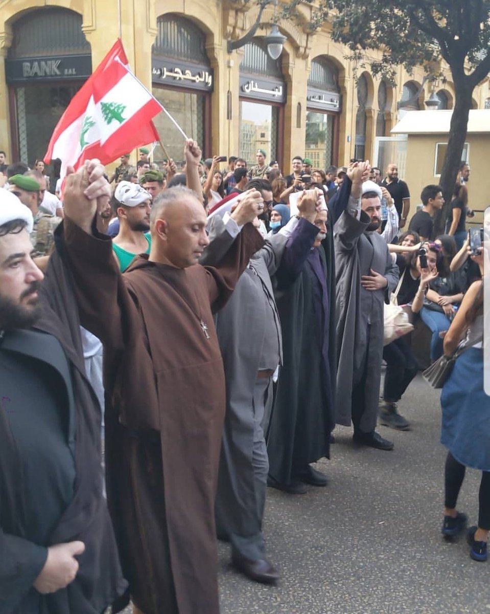 Druze, Shia, Christian and Sunni religious leaders participating in a peaceful protest in #Lebanon. All the vile, repulsive sectarian rhetoric failed this time. #LebanonProtests