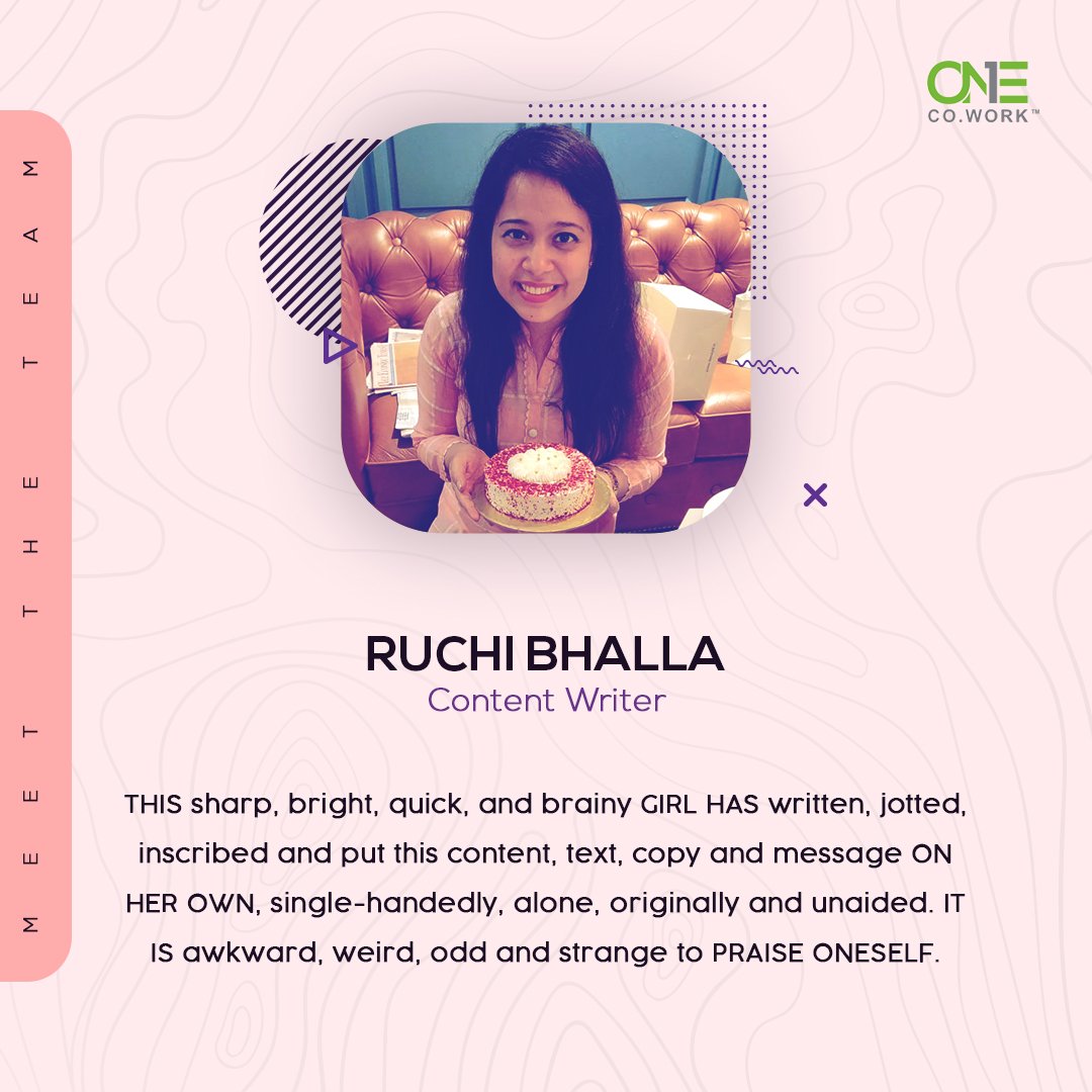 OneCoWork's tweet image. People of One Co.Work

Ruchie Bhalla: Content Writer

#OneCoWork #WorkTheWayYouLove #MeetTheTeam
