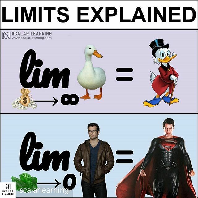 TheonPhthonos's tweet image. Reposted from @scalarlearning -  Super funny and informative

Original post via @scalarlearning:
"Limits explained, courtesy of Scrooge McDuck and Superman. Have a great day! #mathmems #mathjokes #calculus #limits #mathisfun "

#fun #saturday #jokes #science #sciencejokes #a…