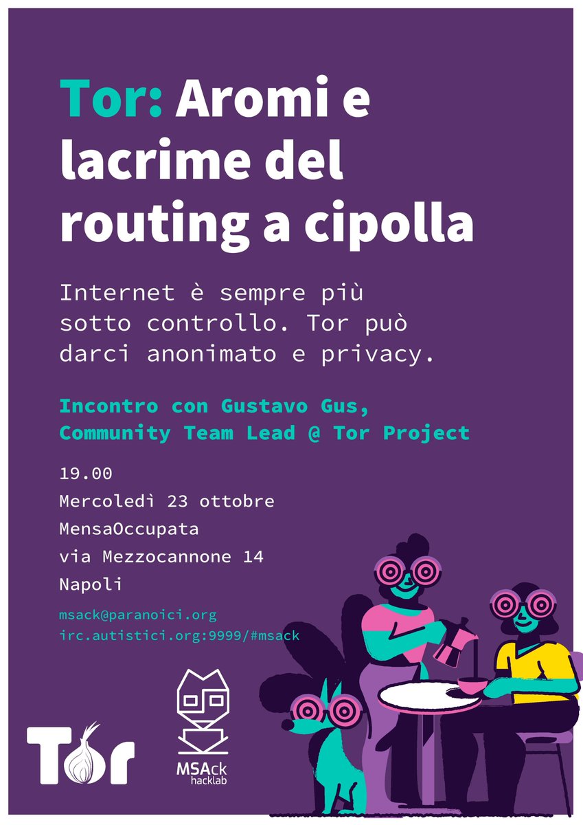 MSAck_Hacklab's tweet image. La #censura dei #social verso i solidali con il #kurdistan è resa possibile dall&apos;uso di piattaforme private che rispondono a interessi privati. Con @torproject  puoi pubblicare un sito web anonimo che nessuno stato o azienda può oscurare.

A mercoledì...
blog.torproject.org/events/tor-aro…