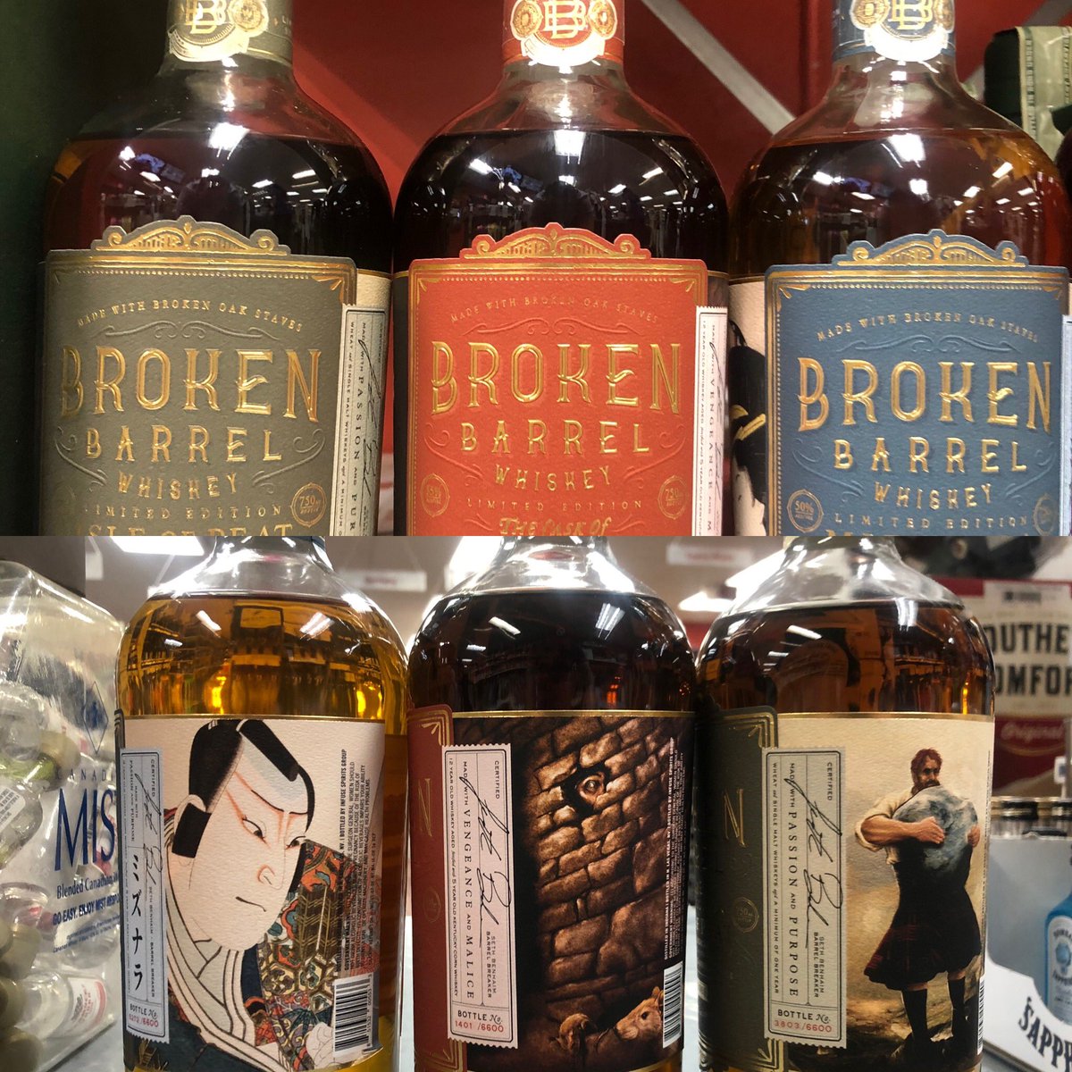 Cool labeling from one of the coolest whiskey projects going <a href="/BrokenBarrelW/">Broken Barrel Whiskey</a> Limited Edition, high proof wood finished whiskies including : Islay Scotch finish, Amontillado Sherry finish and Japanese Mizunara Oak finish. Very LTD and a steal at around $50/btl