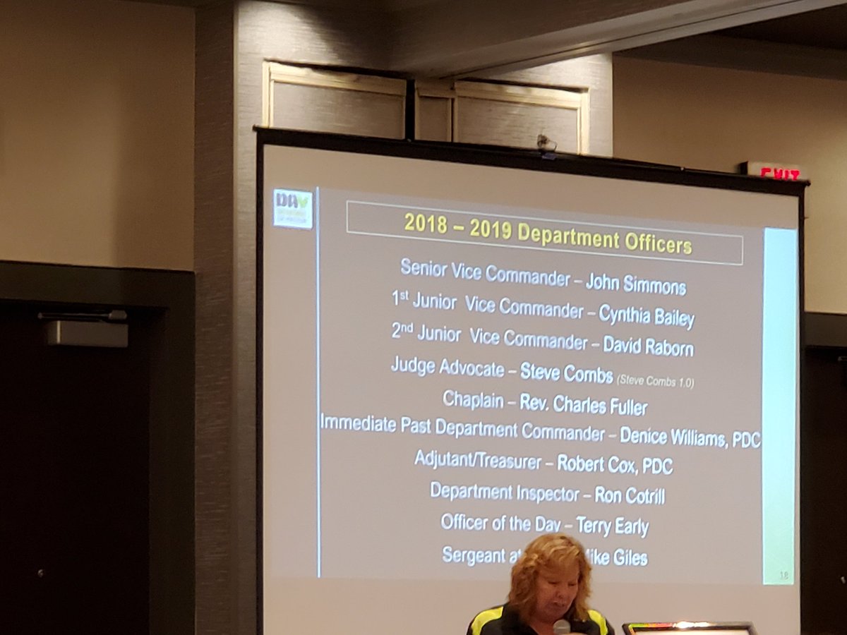 Murray_chap6's tweet photo. Day 2 of #DAV Virginia Fall Conference '19 - Joint Session of #DAV and #DAVA. DAV Dept of Virginia Commander Lisa Gregory & #DAV Auxiliary State Commander Michele Goings introduce support staff. #VAFall19 #Chesapeake #KeepingThePromises to our veterans & families! @DavVirginia https://t.co/3Gj6ZumamE