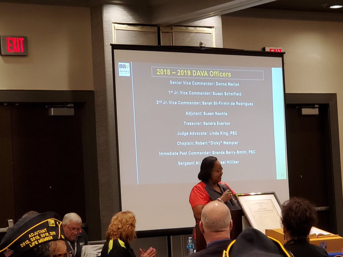 Murray_chap6's tweet photo. Day 2 of #DAV Virginia Fall Conference '19 - Joint Session of #DAV and #DAVA. DAV Dept of Virginia Commander Lisa Gregory & #DAV Auxiliary State Commander Michele Goings introduce support staff. #VAFall19 #Chesapeake #KeepingThePromises to our veterans & families! @DavVirginia https://t.co/3Gj6ZumamE