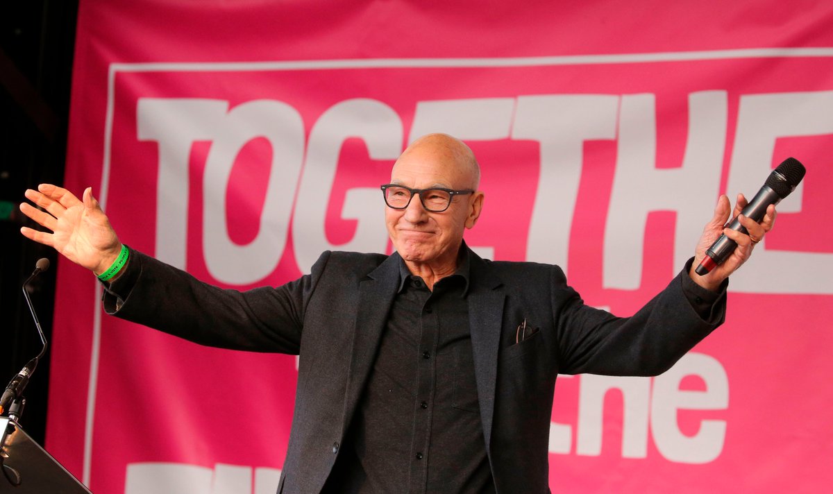 Independent's tweet photo. @SadiqKhan @thatginamiller @LizzyBuchan @adamtomforrest @peoplesvote_uk Sir Patrick Stewart says people were ‘misled and lied to’ over Brexit. “There was nothing democratic about that referendum" | Follow live updates from the speeches on the #PeoplesVoteMarch #FinalSay https://t.co/rzyBEm08MM https://t.co/xAETIOLCV6