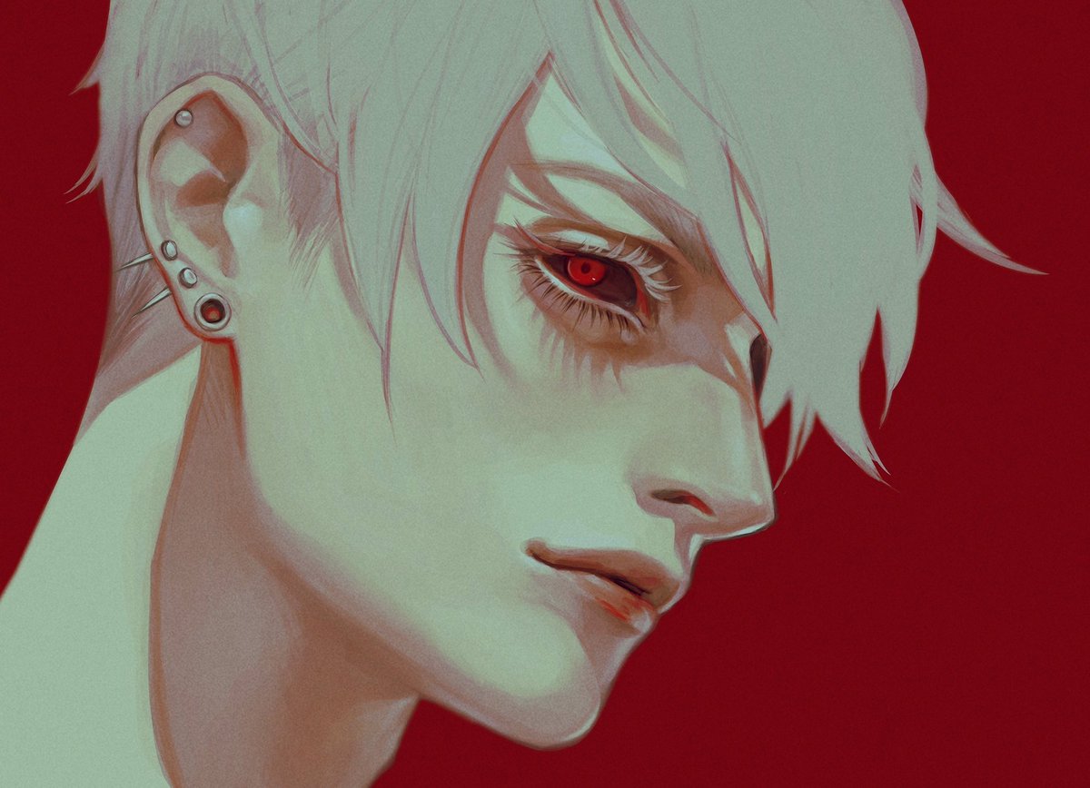 solo 1boy red background red eyes male focus colored sclera ear piercing  illustration images