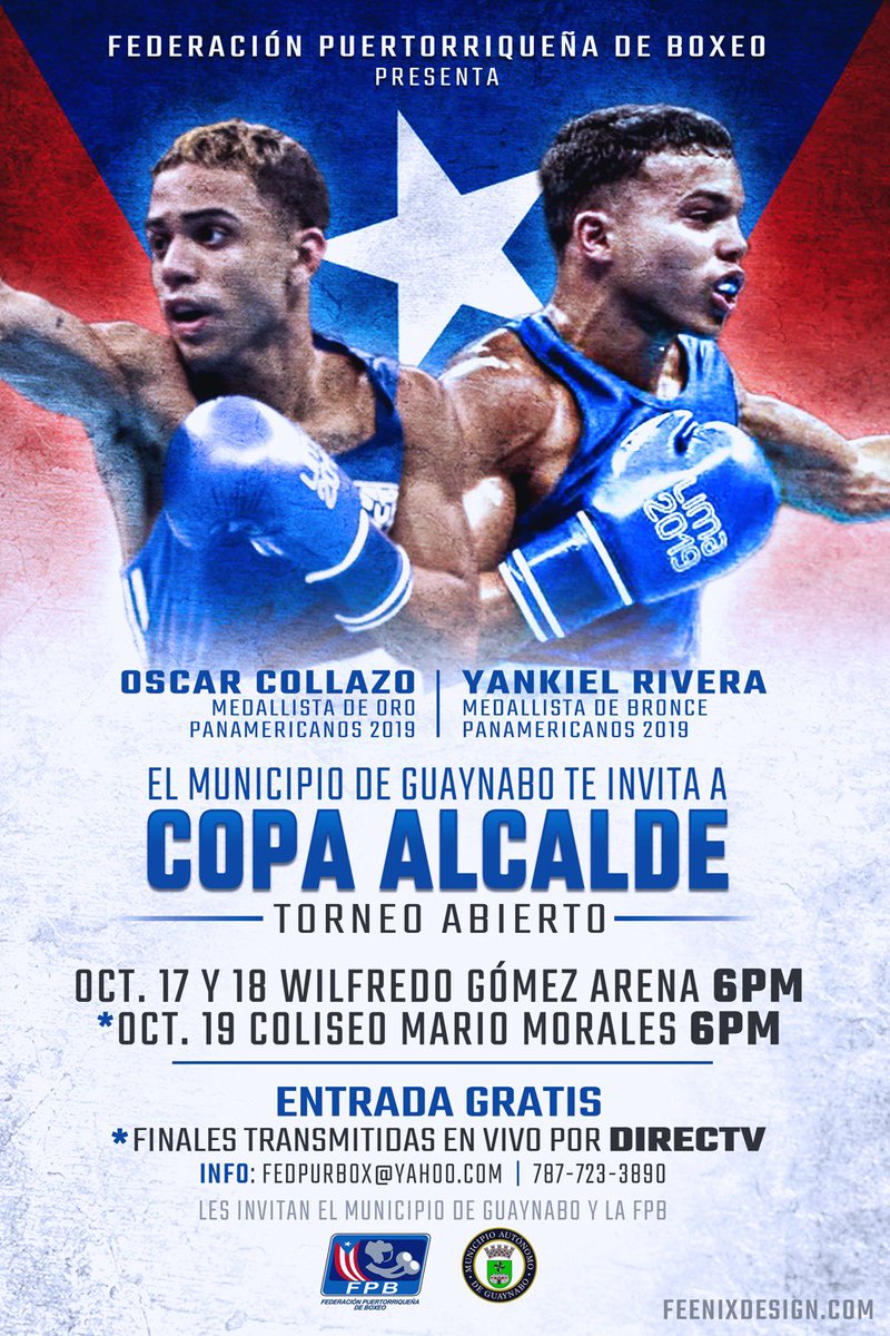 Comité Olímpico PUR (@comiteolimpico) on Twitter photo 🥊 Hoy continua la #CopaAlcalde en el <a href="/MunGuaynabo/">Municipio Guaynabo</a>.⠀
⠀
➡️ El torneo cuenta con la participación de nuestros medallistas panamericanos <a href="/Oscalito6/">Oscalito</a> y <a href="/YankielBoxeoPUR/">Yankiel Doctorcito Rivera</a>.
🎟 ¡Entrada libre de costo! 🥊 Hoy continua la #CopaAlcalde en el <a href="/MunGuaynabo/">Municipio Guaynabo</a>.⠀
⠀
➡️ El torneo cuenta con la participación de nuestros medallistas panamericanos <a href="/Oscalito6/">Oscalito</a> y <a href="/YankielBoxeoPUR/">Yankiel Doctorcito Rivera</a>.
🎟 ¡Entrada libre de costo!