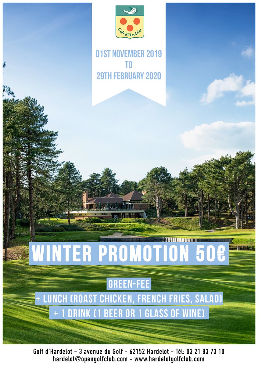 Golfs d'Hardelot (@golfdhardelot) on Twitter photo From the 01st of November to the 29th of February 2020: come take advantage of our WINTER PROMOTION ☃️
Green-fee + Lunch (Roast chicken, French fries, salad) + 1 drink (1 beer or 1 glass of wine) ➡️ for 50€
Booking by email at hardelot@opengolfclub.com ✉️
#golfinfrance From the 01st of November to the 29th of February 2020: come take advantage of our WINTER PROMOTION ☃️
Green-fee + Lunch (Roast chicken, French fries, salad) + 1 drink (1 beer or 1 glass of wine) ➡️ for 50€
Booking by email at hardelot@opengolfclub.com ✉️
#golfinfrance