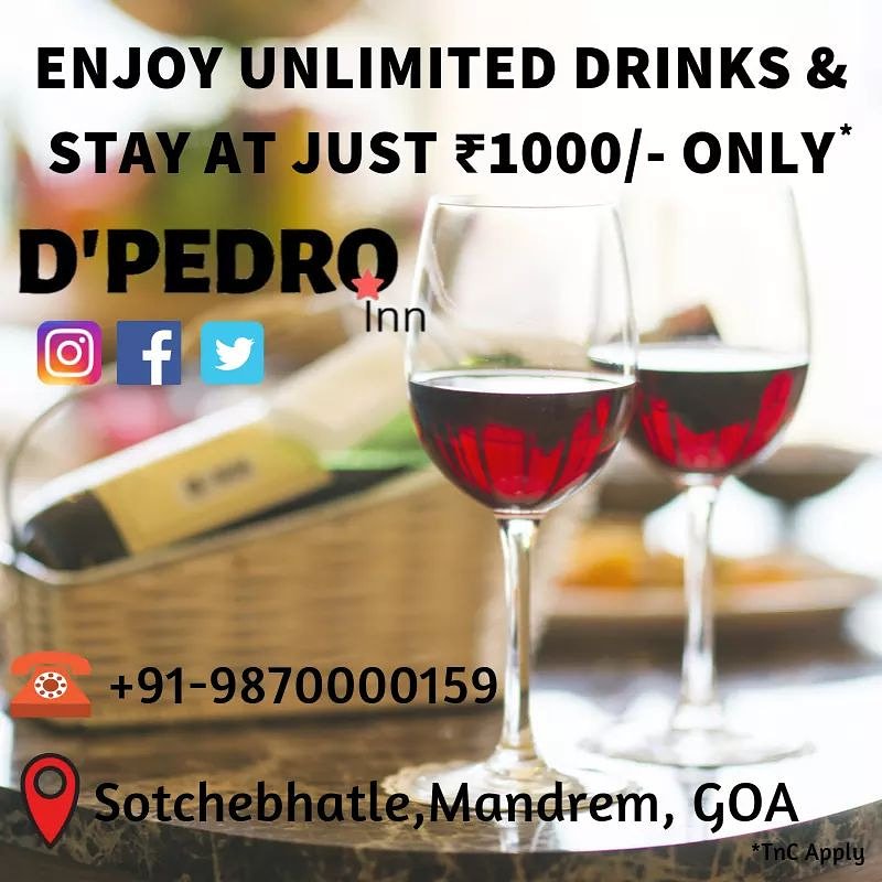 DpedroInn's tweet photo. Special October offer!!!
Enjoy unlimited drinks &amp; stay at only ₹1000/- at DPedro Inn!!! Hurry up!!! call now for booking.
#dpedroinn #mandrem #GOA #beach #drinks #seafoodspeciality #NorthGoa #Budgetfriendly #Watersports #GoaTravel #Bar #Restaurant #Couplefriendlyenvironment https://t.co/65IJoTPw6f