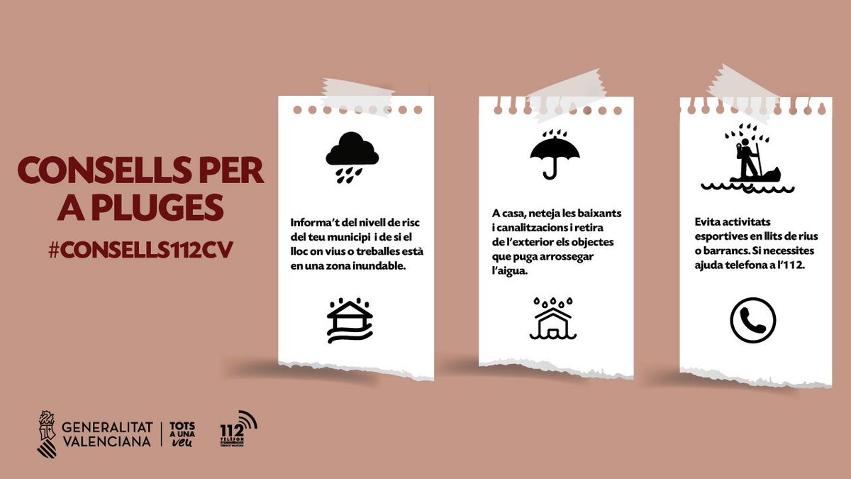 Davant la previsió d'arribada d'una #DANA els pròxims dies, no està de més que aprofiteu diumenge per a revisar terrasses i canalitzacions per evitar obstruccions. 
#Consells112CV