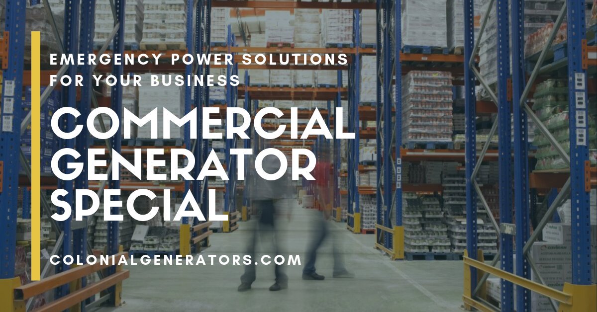 colonialgen's tweet image. Power your business–no matter what the weather brings–for as little as $325 per month. Visit bit.ly/2VrlR5T or call 844-376-9374 to learn more about our commercial generator special.