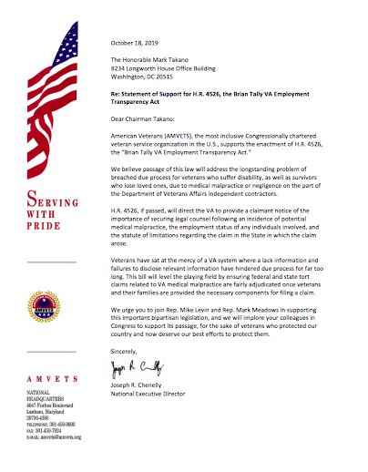 AMVETSHQ's tweet photo. AMVETS Announces Support for HR 4526, the Brian Tally VA Employment Transparency Act, with letter to @VetAffairsDems Chairman @RepMarkTakano: https://t.co/R0u0YiJrCn