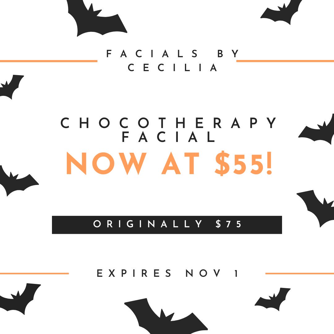 facialsbyceci's tweet photo. We all know the best part of Halloween is all the candy we receive!
Starting now until Nov 1, we're offering Chocotherapy Facials at $55! Have your skin smelling sweet and rejuvenated with this amazing deal!
#facials #chocotherapy #antiaging #halloween #chocolate #teen https://t.co/R6XEcaDCsz