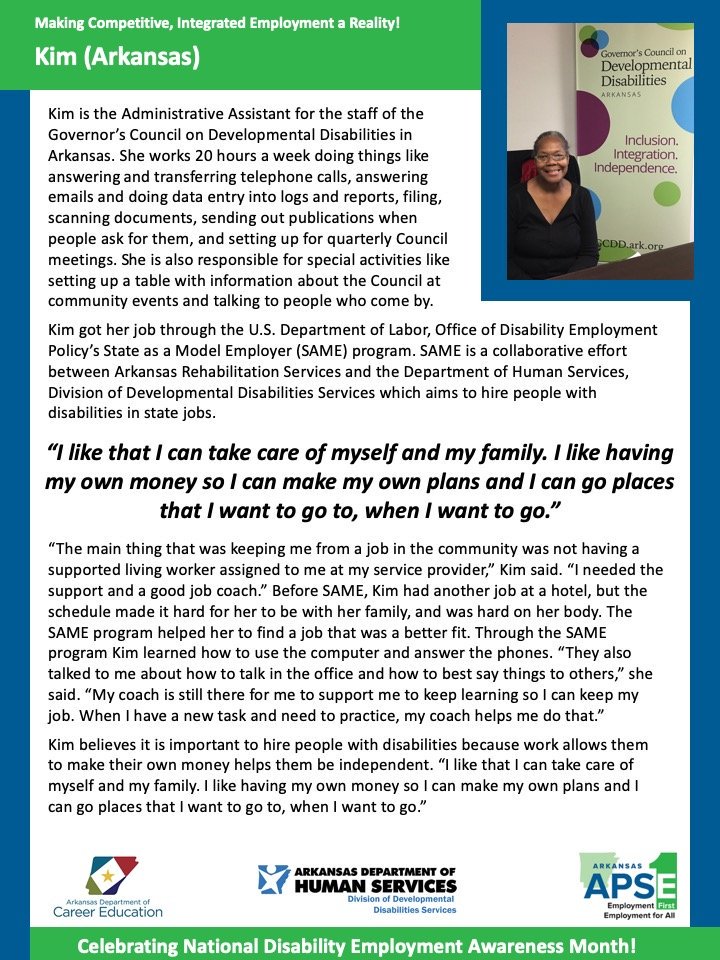 NationalAPSE's tweet photo. “I like that I can take care of myself and my family. I like having my own money so I can make my own plans and I can go places that I want to go to, when I want to go.”
- Kim, Arkansas
#NDEAM
#EmploymentFirst
#RealWorkRealPay
#RightTalentRightNow https://t.co/BjtDWPjt2j