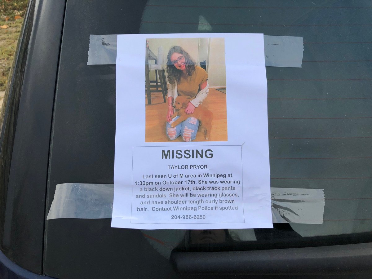 The family of Taylor Pryor is organizing search teams out of the Charleswood Mennonite Church (699 Haney Street) today to help locate the 21-year-old woman last seen near the University of Manitoba's south Winnipeg campus almost two days ago #wfp