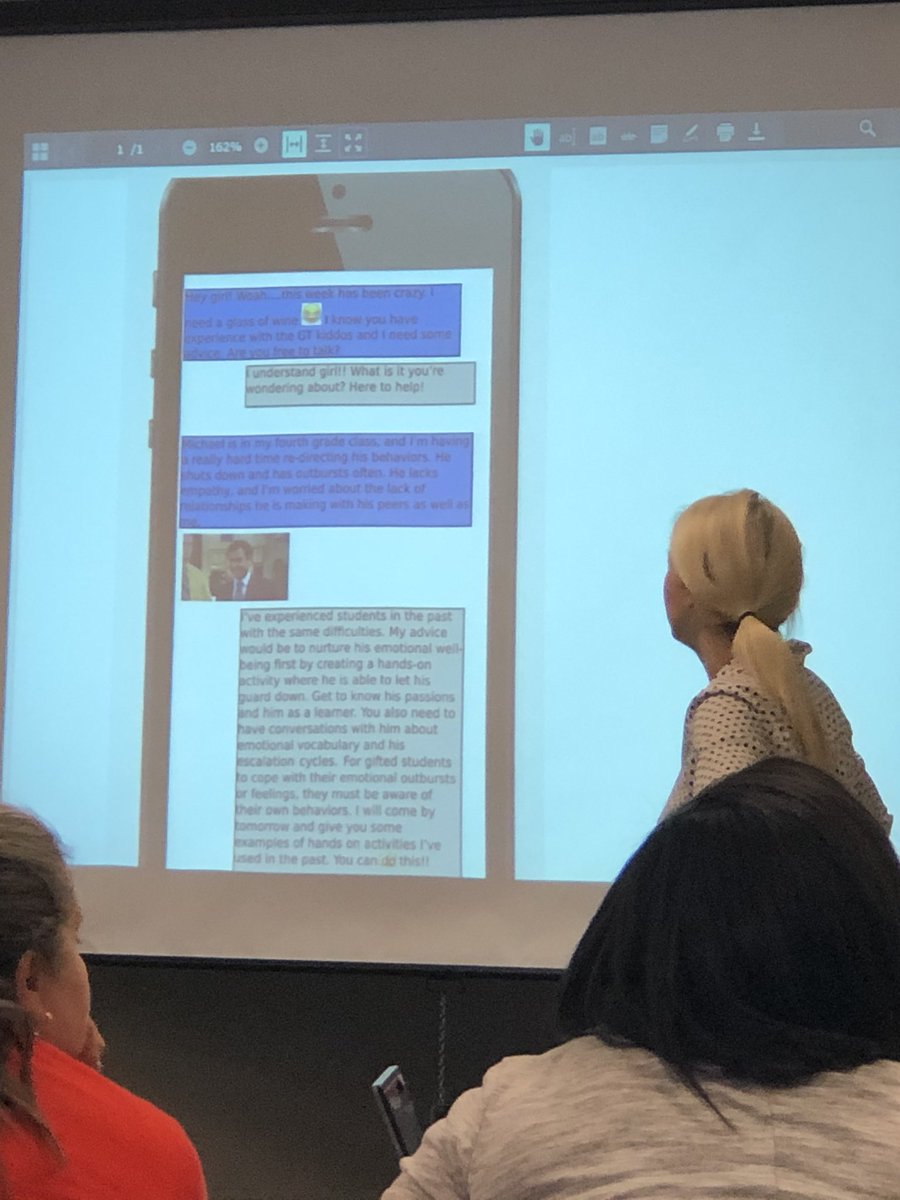 RAFT project using phone text format of two teachers. Role and Audience = 2 teachers of gifted learners. Format was a text conversation. Topic = how to help a gifted student struggling with emotions. Great way to use RAFT in the classroom. #KleinGT #KleinAdvAcad <a href="/PlottKplott/">Kathleen Plott</a>