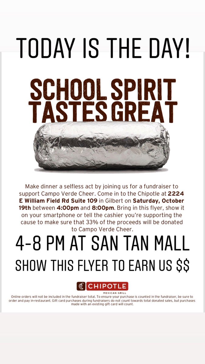 Support CV Cheer and enjoy dinner at Chipotle at the San Tan Mall from 4-8 pm
