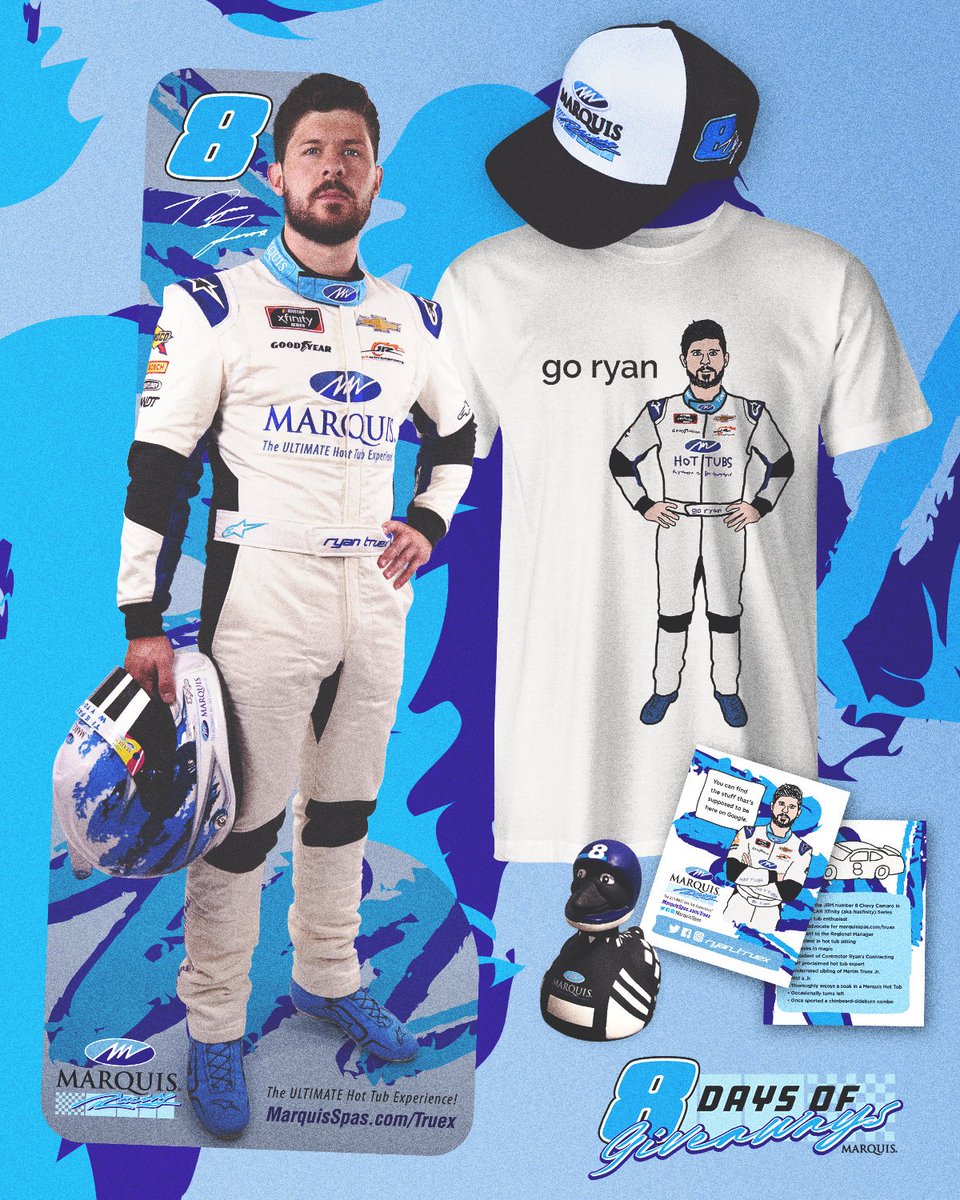 GIVEAWAY #8: Ryan drives the Marquis No. 8 today at noon (PDT) on NBC. Go to our @MarquisCorp Facebook page to enter to win a Marquis Prize Pack for the ultimate @Ryan_Truex fan, until 4 p.m. (PDT) today. Good luck!
#goryan #marquisspas #KSL300 #NASCARplayoffs #JRmotorsports