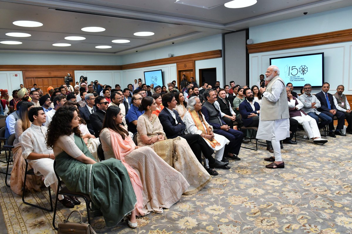 Image result for Prime Minister Narendra Modi has discussed the 150th birthday of Mahatma Gandhi with Bollywood stars.