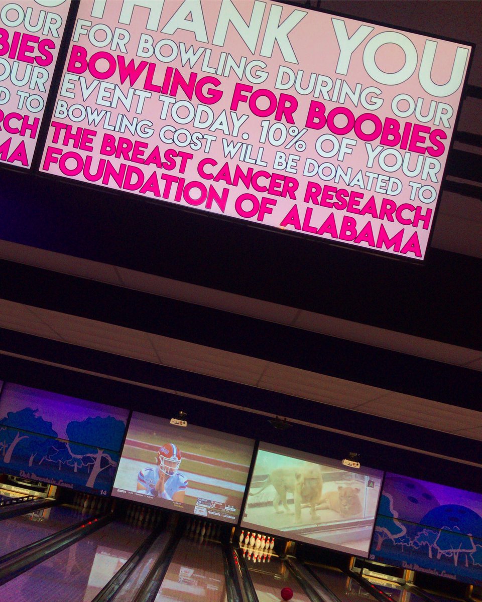 Fundraising for a cure and football on the projectors ALL DAY LONG, what more do you need?! #thingstodoinbirmingham #oakmountainlanes #discovershelbyal #instagrambham #breastcancerresearchfoundationofalabama