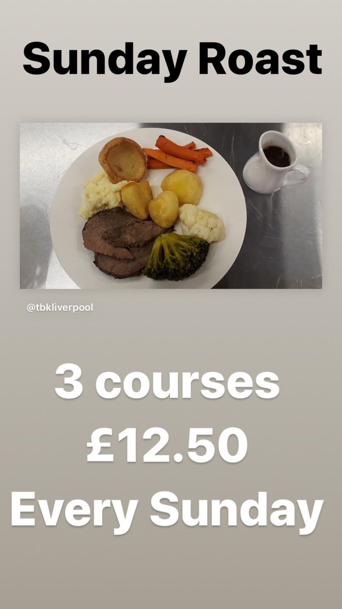 tbkliverpool's tweet photo. Fancy a Sunday roast? Can’t be bothered cooking and cleaning? We have it covered! https://t.co/OqRmGnPMHu
