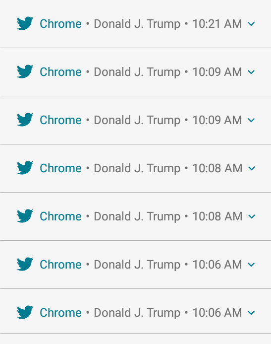 Destiny22Ginger's tweet photo. @mmpadellan #ThePresidentIsACrybaby 

Trying to rule the world via Twitter
Timestamps PST today
528 am
529
530
533
727
813
817
824
835
901
903
909
1002
1005
1006
1006
1008
1008
1009
1009
1021
1023
1036
1117

It's 11:18 am right now.
He's been hyper tweeting for the last 6 hours https://t.co/Ebw9vAO6gL