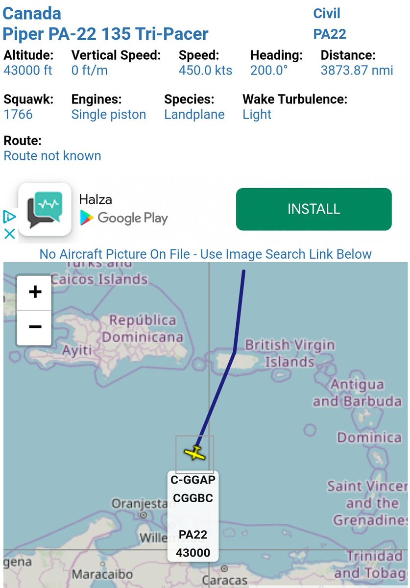 Arr3ch0's tweet image. En serio!? Un Piper PA-22 135 Tri-pacer a 43,000ft y 457kts? 4 hrs de Canadá a El Caribe? 🤔
#avgeek