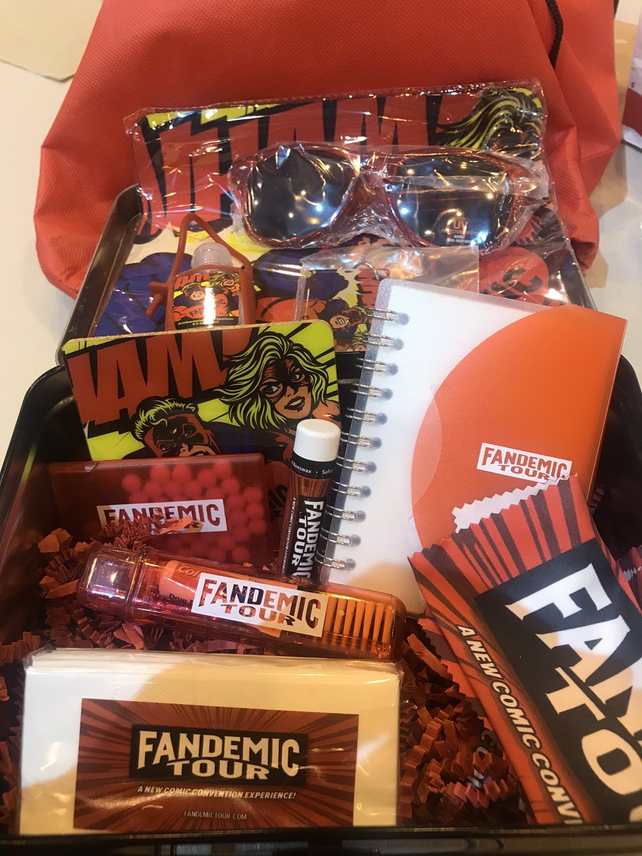 chrissycat84's tweet photo. Seriously the best vip swag I’ve ever seen at any con. It’s got hand sanitizer, mini toothbrush and paste, tissues, chapstick, breath mints, lens wipes, tech wipes, sunglasses, &amp; a keychain. All wrapped in a lunchbox inside a good sized drawstring backpack. Thanks @FandemicTour!! https://t.co/XpeHCnYiK3
