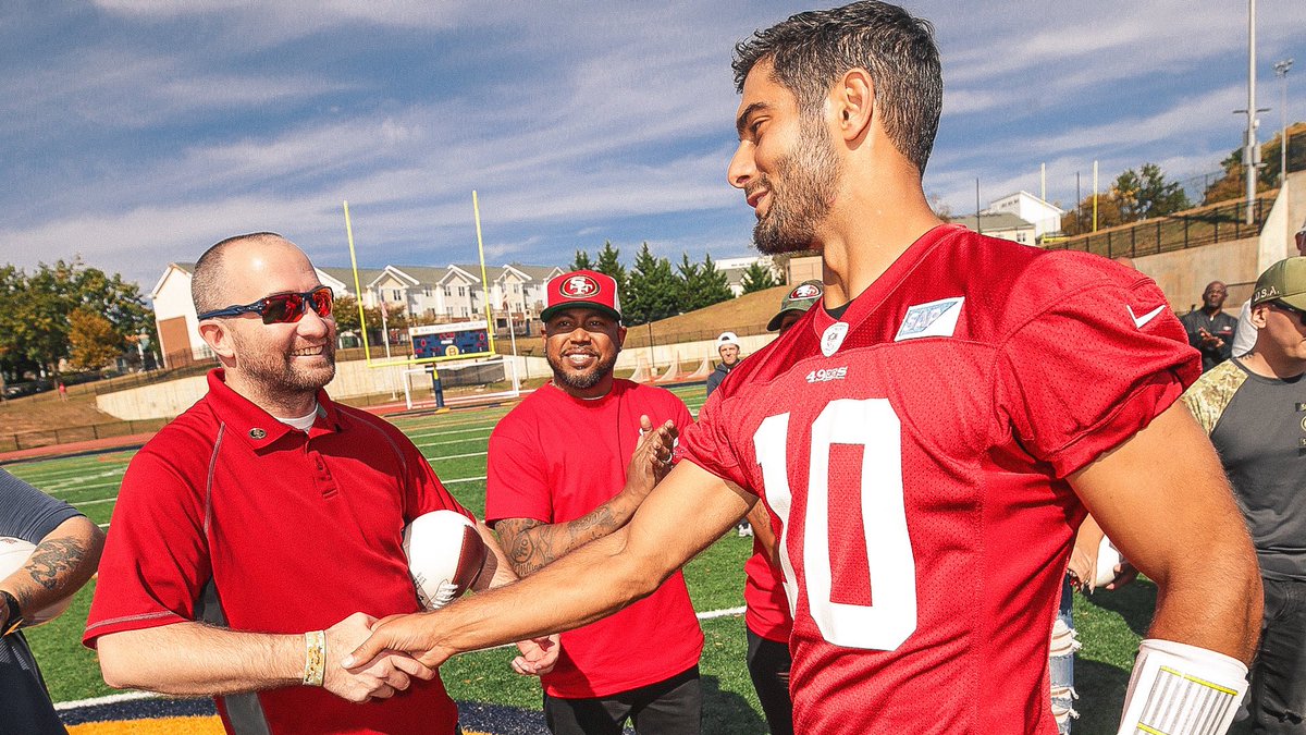 49ers's tweet photo. We’re honored to host five veterans and their guests at practice today 🇺🇸

These Faithful men and women were selected for their exemplary service to join us in D.C for the #49ers and @united Veteran Away Trip. https://t.co/FqeYyS6vkm