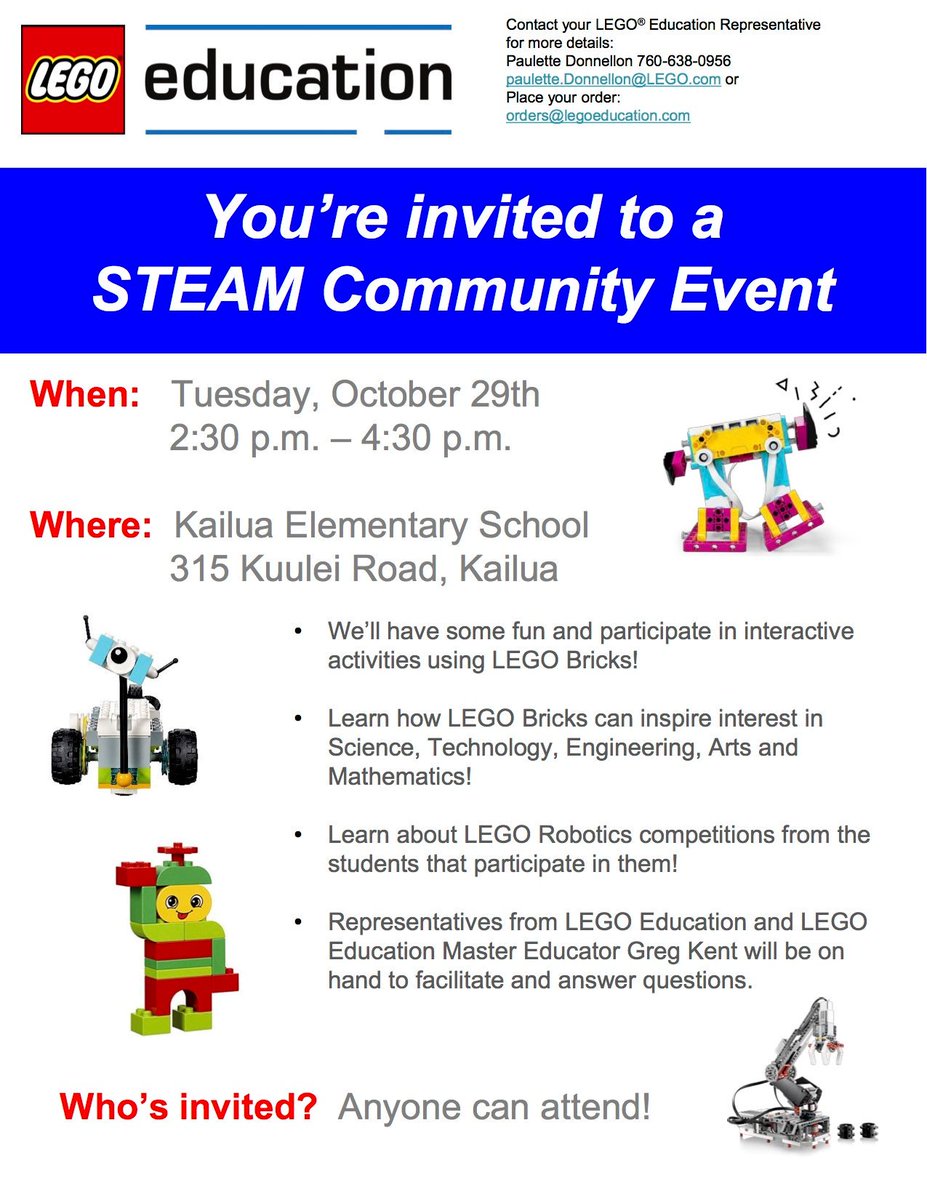 Sorry I got ahead of myself! Also on Tuesday October 29th at @kailuaes a STEAM Community Event open to the public! #LEGOconfidence #STEAM #handsonmindson