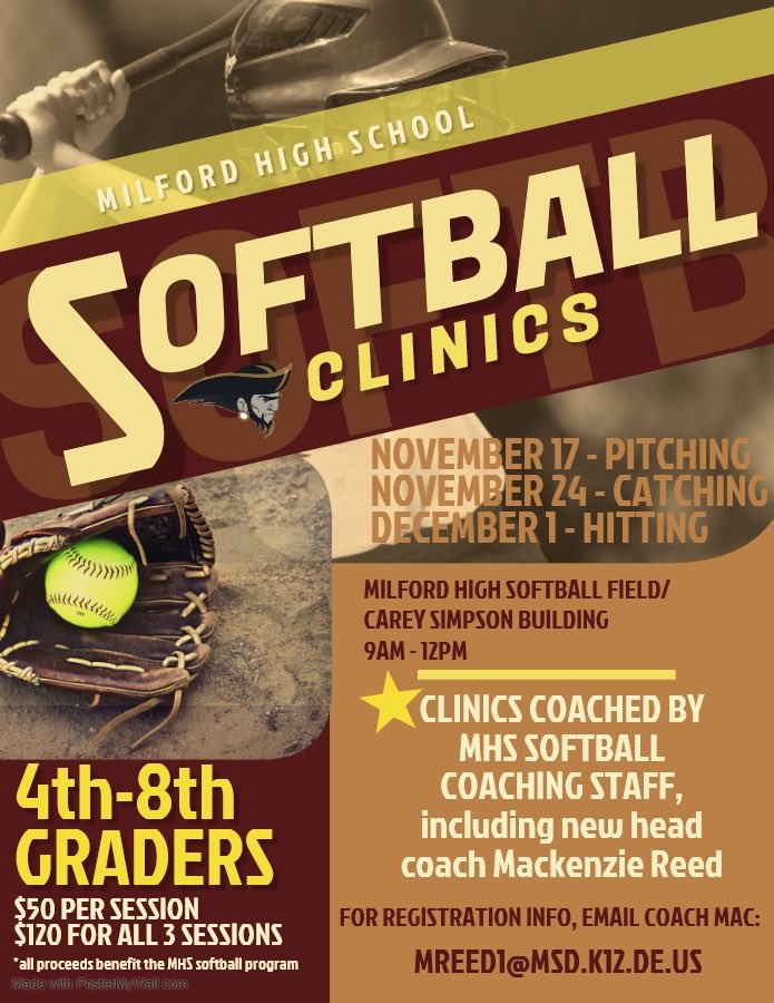PSA: The MHS softball program will be hosting their first clinics of the 19-20 school year! This will be a great opportunity to step your game up while working with some of the new faces in the MHS softball program! Please reach out to Coach Mac via email for registration info!