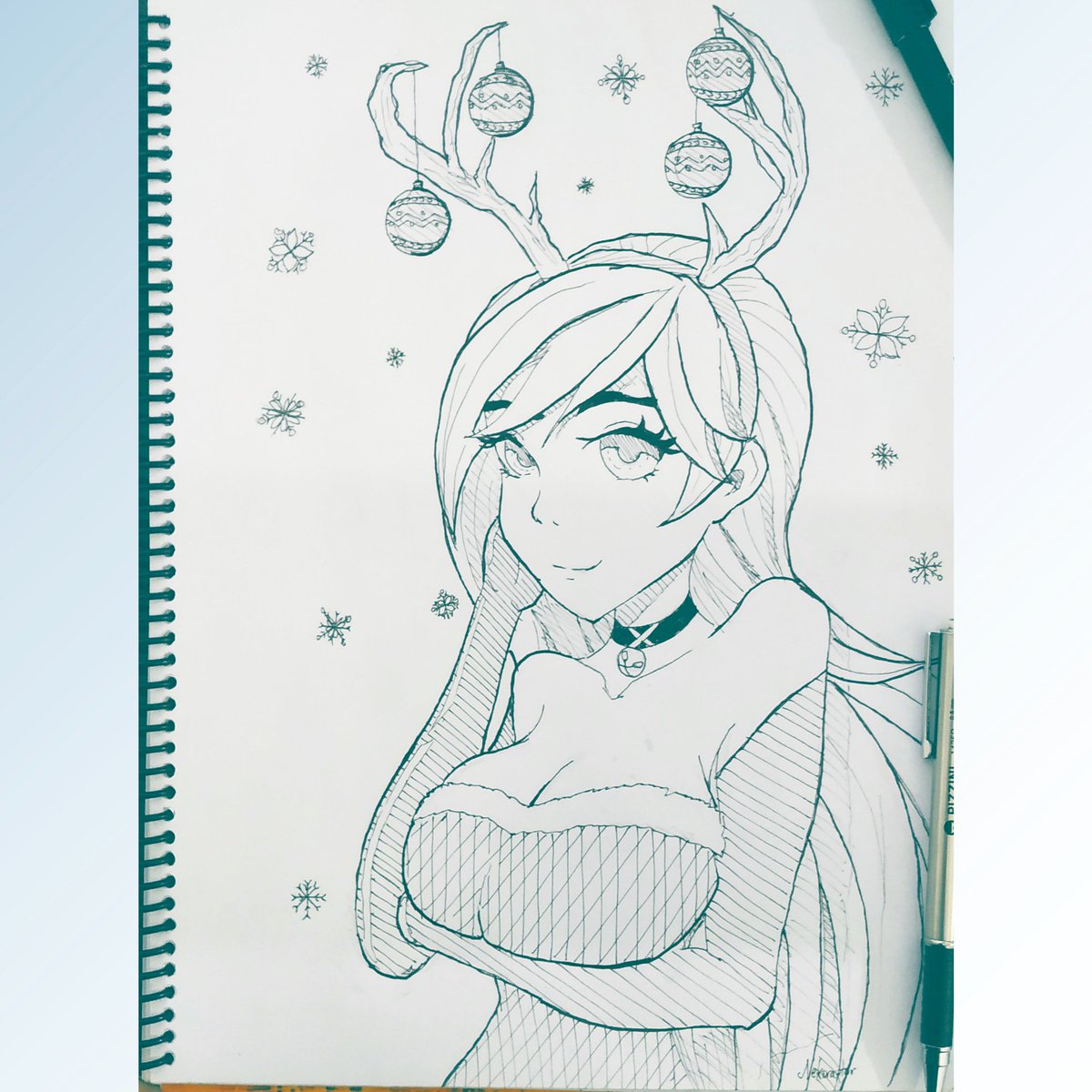 nekoraptor's tweet photo. Day 17 for @inktober the prompt is ornament, Marry xmas?heh so I this new OC: Yuki Oname. She is a smart woman from a cold place, she sleeps during the day and works at a bar at night. She comes from an unhappy family but she always try her best to keep the Christmas spirit alive https://t.co/3XpnM475nr