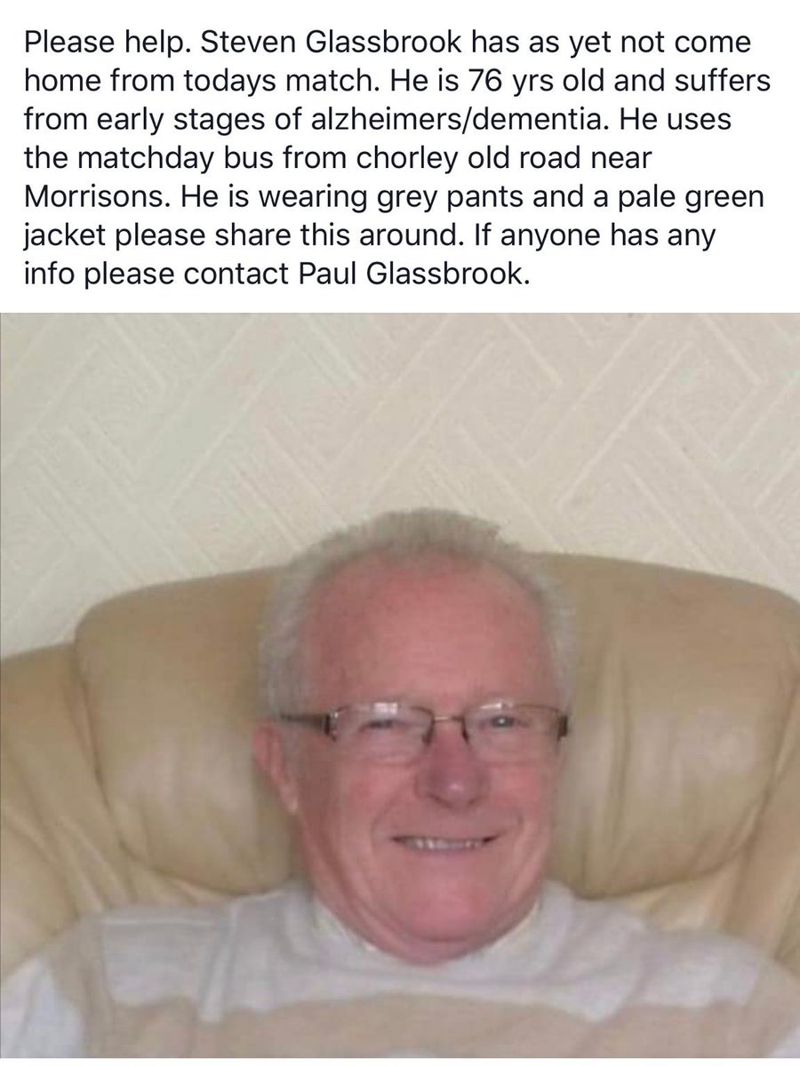 It has come to our attention that 76-year-old Wanderers fan Steven Glassbrook has not returned home from after today's game vs. <a href="/officiallydale/">Rochdale AFC</a>.

He suffers from early Alzheimers/Dementia and his family are worried about him. If anybody spots him, please see below.

#BWFC 🐘🏰