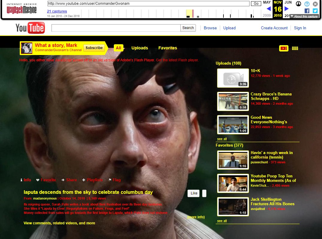 But at this point, we encounter an issue. There is a massive gap between May and November 2010, when nothing has been archived. So we keep going forward from November, but after the first page, the archives begin to show some flaws, redirecting us & not showing the channel at all