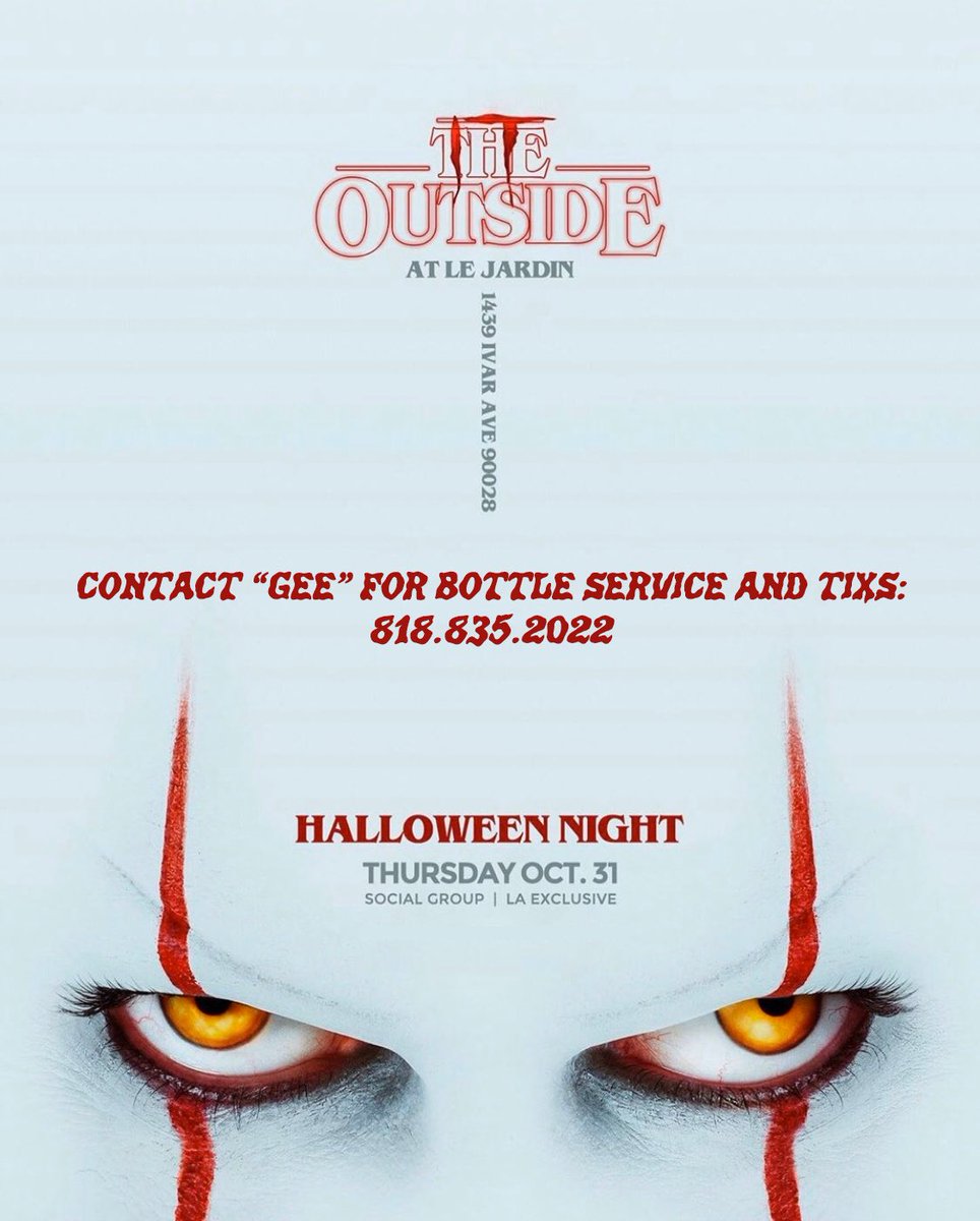 geebean's tweet image. Tweet: #TheOutside #HalloweenCostumeParty @ #LeJardin in #Hollywood. #HalloweenNight Contact “GEE” for tixs &amp;amp; more details: 818.835.2022 #HollywoodPromoter #HollywoodHalloween #LosAngelesHalloween #HollywoodCostumeParty
