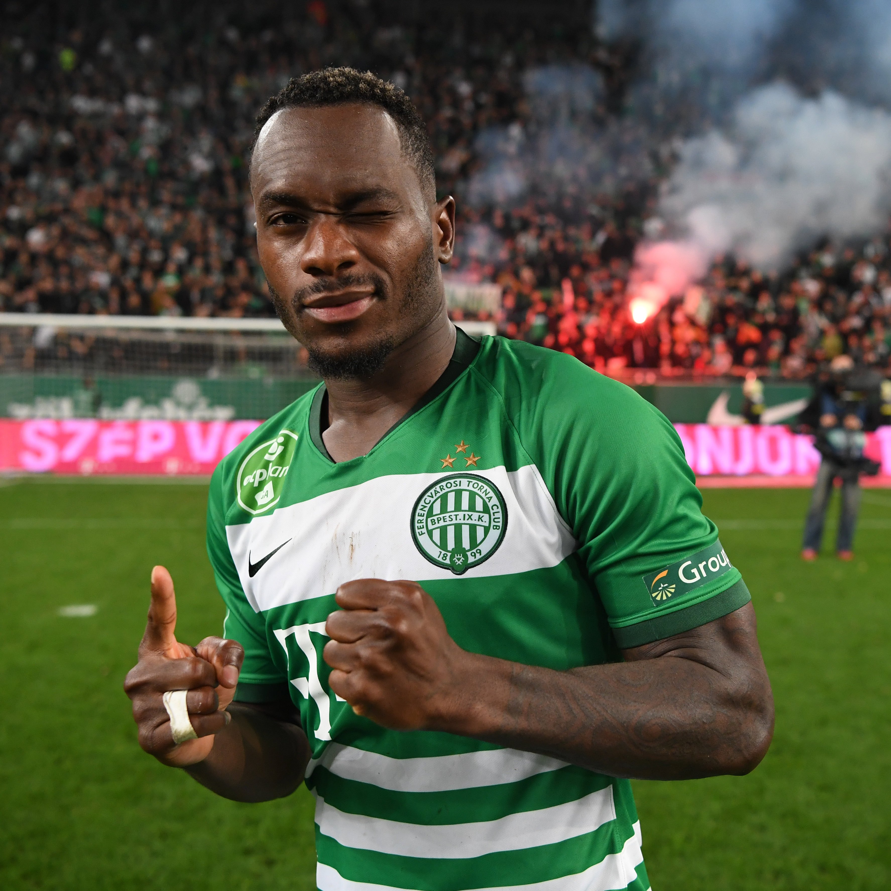 BUDAPEST, HUNGARY - MAY 11: Franck Boli of Ferencvarosi TC celebrates after  scoring a goal with Miha Blazic of Ferencvarosi TC during the Hungarian Cup  Final match between Ferencvarosi TC and Paksi