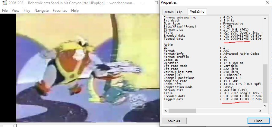 And I was stuck for quite a long time, until I began digging my old files for my previous projects, which included some copies made from the original uploads. While some copies failed to contain them, some retained metadata regarding when they were first rendered for YouTube