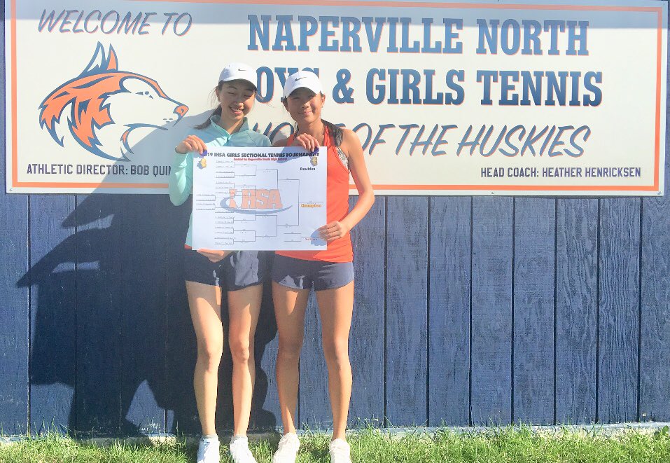 NNHS_Athletics_'s tweet photo. Tiffany Zhang  and Irene Zhang continue to roll. One week after winning  DVC title, North’s doubles team captures sectional championship with 6-3, 6-0 win over Metea Valley. IHSA state Meet next week. #letahuskieleadtheway https://t.co/e6KbKlQPeR