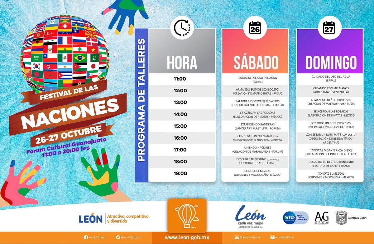 TVS_del_Bajio's tweet photo. Ya viene el Festival de las Naciones. 
26 y 27 de octubre en @ForumCultural 
Evento en el que participan las comunidades extranjeras residentes de León. Compartiendo su cultura; gastronomía, souvenirs y vestimentas típicas. Checa el programa ⤵️ @turismo_leon https://t.co/Vd3JZPJsl5