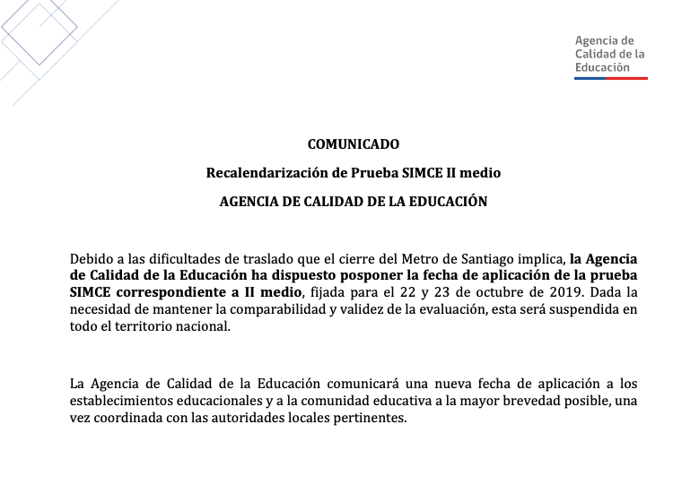📢 ATENCIÓN Recalendarización de Prueba SIMCE II medio. Dada la necesidad de mantener la comparabilidad y validez de la evaluación, esta será suspendida en todo el territorio nacional. bit.ly/31vDEKy