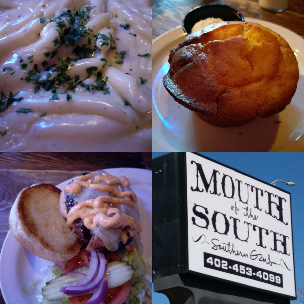 FaturdayOmaha's tweet photo. Happy Faturday! Today's adventure was Mouth of the South. Smoked Gouda mac and cheese, corn bread with agave butter, Cajun Burger. - Dave's plate #foodie #podcast #FaturdayOmaha #thanksforeatingwithus #cajun https://t.co/ztklHAFbdR