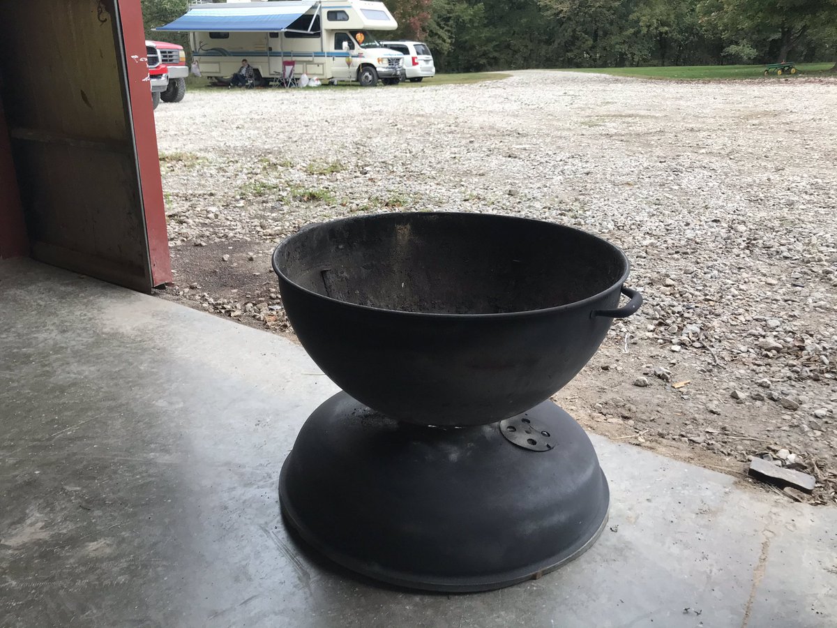 This 50 years old <a href="/WeberGrills/">Weber Grills</a> was a wedding present for my in-laws.  Now it is being repurposed for a nice fire pot for tonites Harvest Party.   I just couldn’t scrap it. Won’t hold charcoal but should hold wood fine. #rainydayprojects. #lightemup