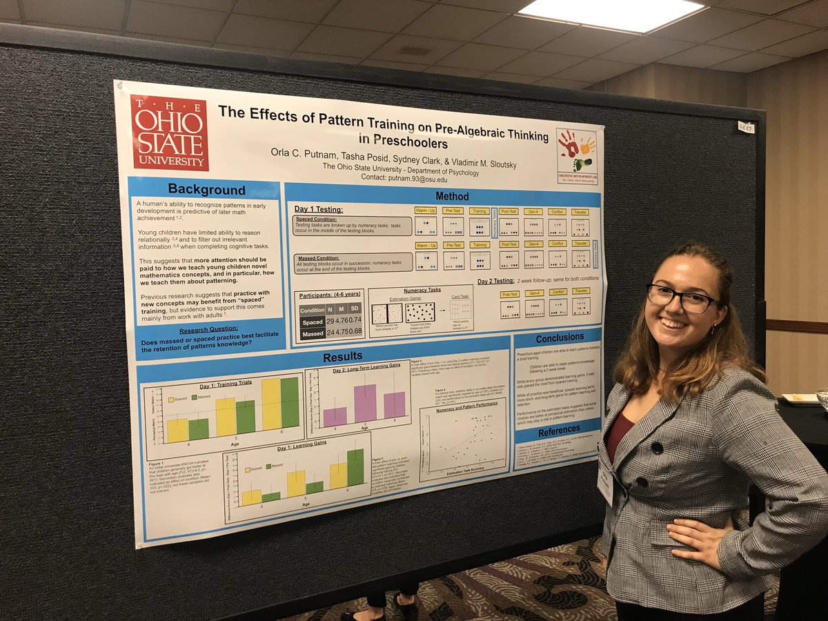 TashaPosidPhD's tweet image. Great work Orla Putnam for presenting our work on #patternlearning in preschool-age children at #CDS2019! 👏🏻🎊 #cogdevkids #cogdevlab #math #patterns #research #cognitivedevelopment @cogdevsoc  @OSUPsyAdvising @osuresearch @OhioState