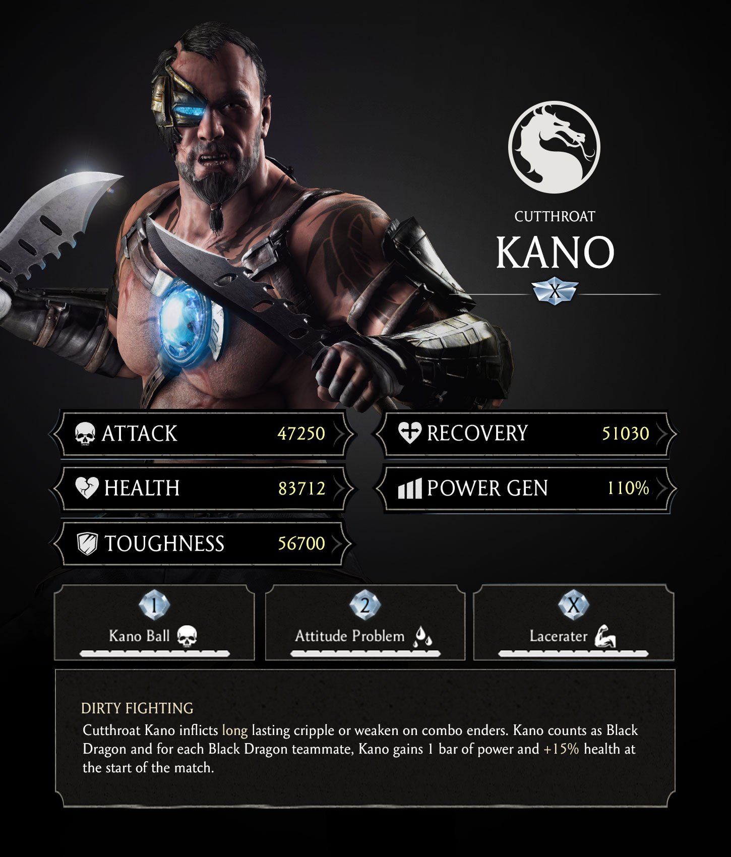 “As a member of the Black Dragon clan, Cutthroat Kano gains power and healt...