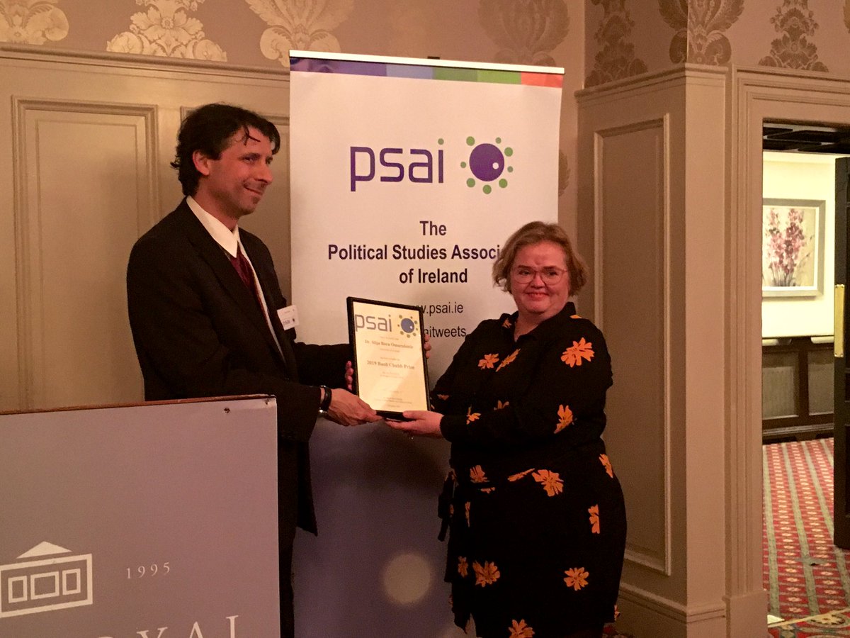 theresareidy's tweet photo. @siljabara from @GovUCC wins the Basil Chubb Prize for the Best PhD in Political Science at the @psaitweets annual conference. Many congratulations Silja. #PSAI2019 https://t.co/EiQ3hC2IoG