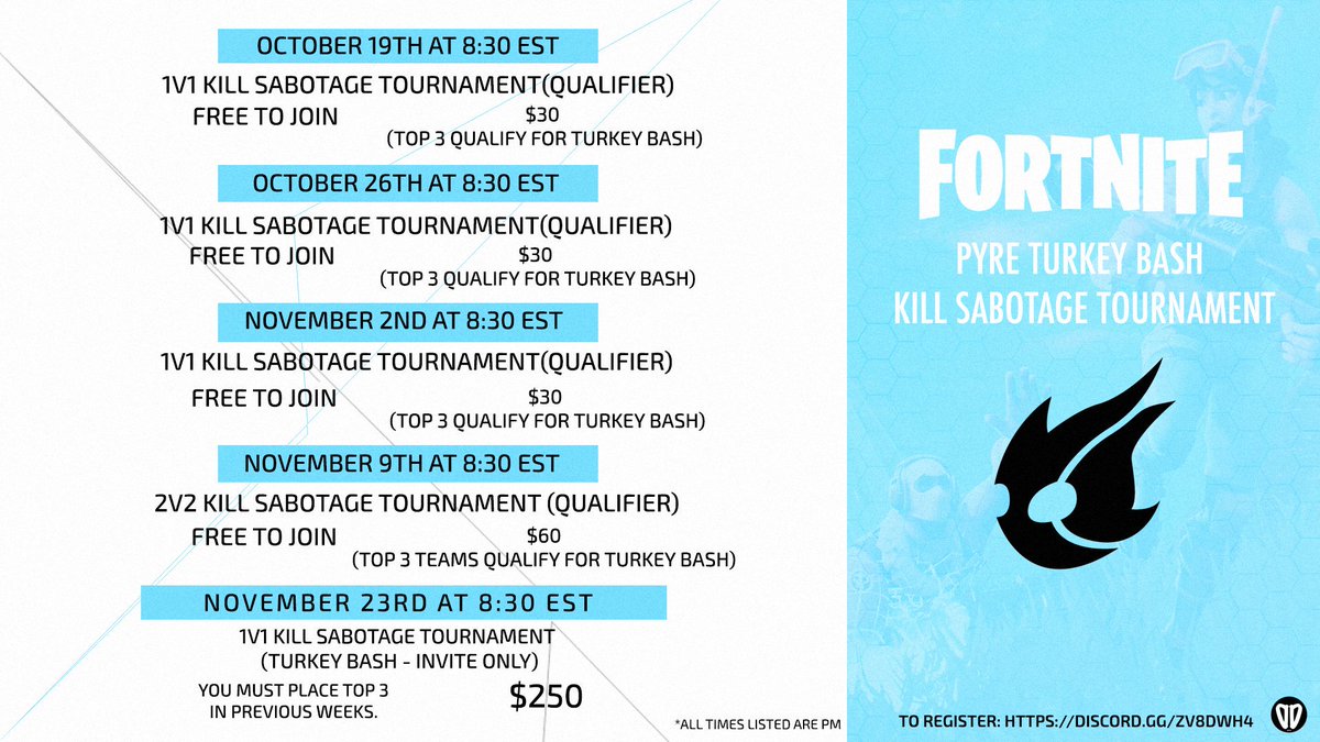 UnknownPyre's tweet image. Pyre's $250 Turkey Bash Tournament Schedule:

*Every Saturday 10/19-11/2 
*$30-$60 prize pool 
*FREE to enter 
*Top 3 qualify for a $250 tournament
*Kill sabotage tournament

11/23 --&amp;gt; $250 Pyre Turkey Bash (Invite Only)

To Register/More Information: 
discord.gg/ZV8dwh4