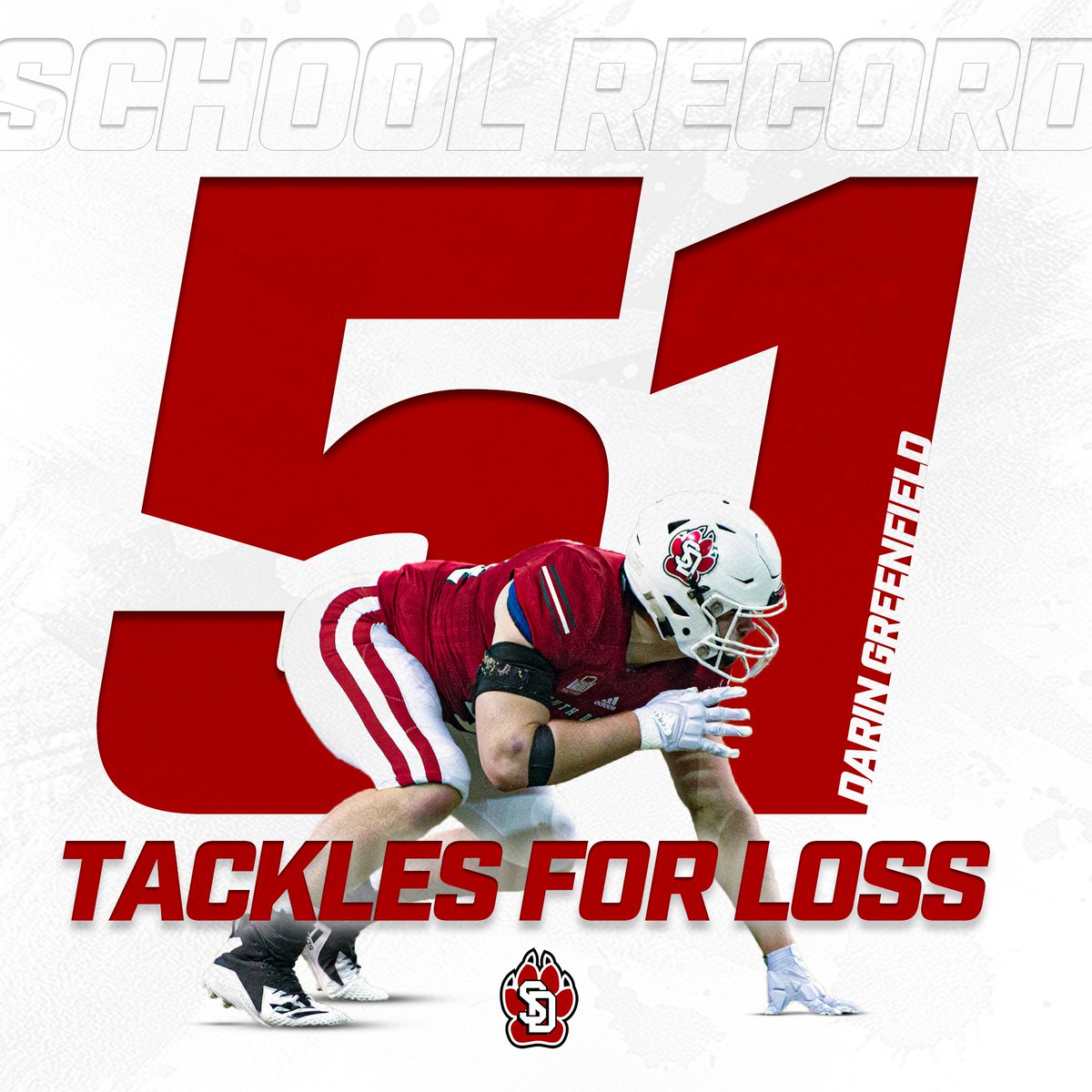 We have a new #1 for our Tackles For Loss record! Darin Greenfield has broken the school record of 50.5 TFL in today's game against UNI!💪🏽

#WeAreSouthDakota | #GoYotes