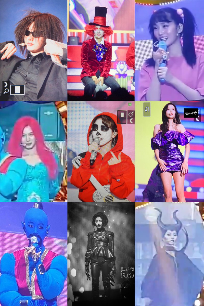 TWICE's Halloween Cosplay

Nayeon - Old Boy (famous KR movie)
Jeongyeon - Mad Hatter
Momo - Boo (Monsters Inc)
Sana - Mera (Aquaman)
Jihyo - Miguel (Coco)
Mina - Herself
Dahyun - Genie (Aladdin)
Chaeyoung - Edward Scissorhands
Tzuyu - Maleficent

#TWICE #ONCEHALLOWEEN2