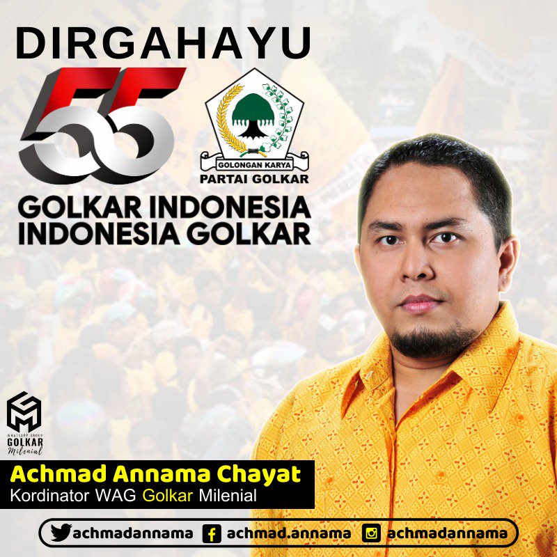 AchmadAnnama's tweet photo. Sebagai Koordinator mewakili komunitas Golkar Milenial (GoMile), saya mengucapkan "Selamat HUT Golkar ke-55, Dirgahayu! Jayalah Selama-lamanya..."
#Golkarpedia #55TahunGolkar #GolkarMilenial #GoMile https://t.co/N0T8worvRR