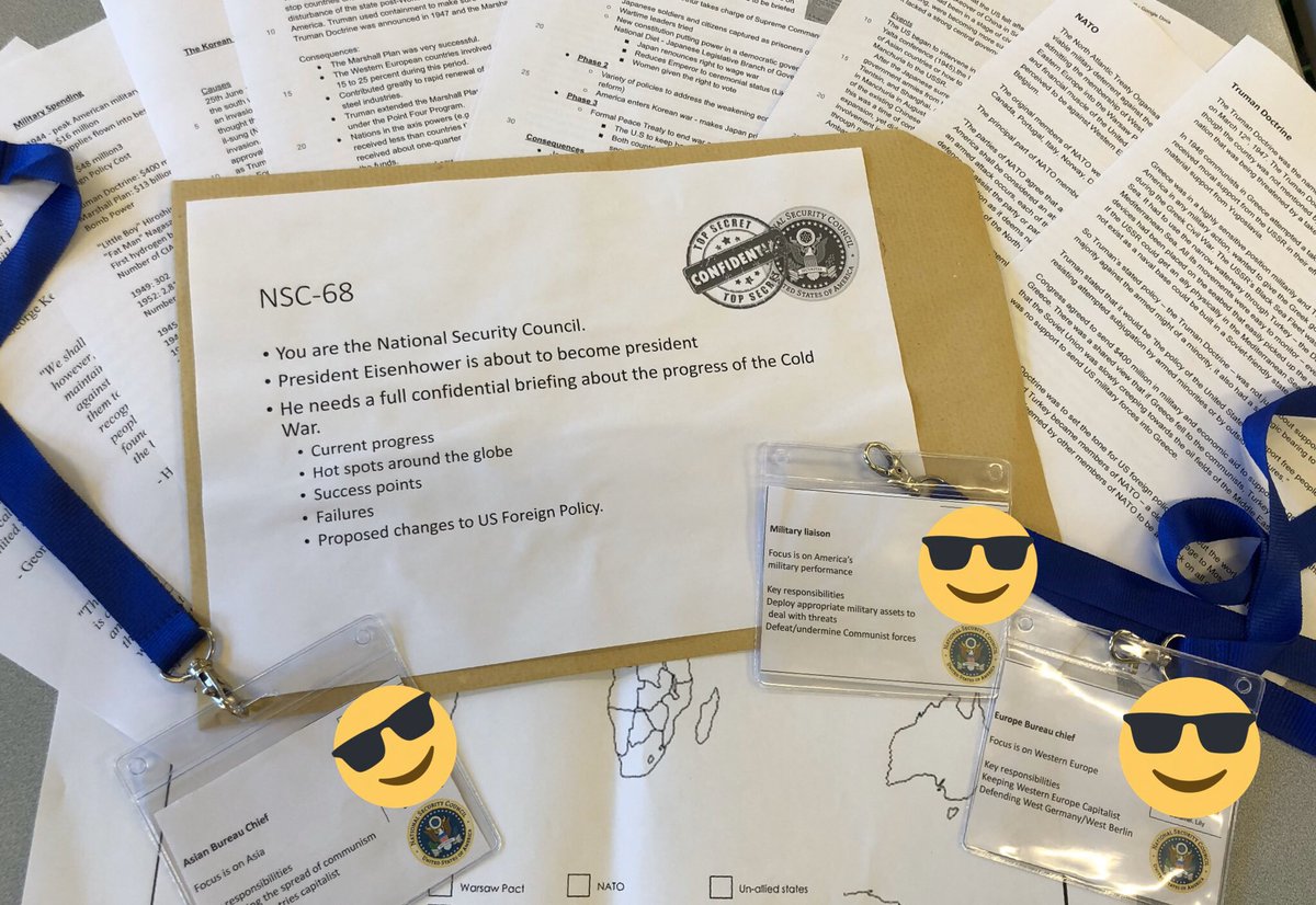 SPBeale's tweet photo. I like using detailed roleplays/ history mysteries with 6th Form because it allows them to try and explore the complexity of the decision making during key historical events. Here is one on Foreign policy under Truman. (Lanyards help create the atmosphere) https://t.co/j4VlGo0WRi